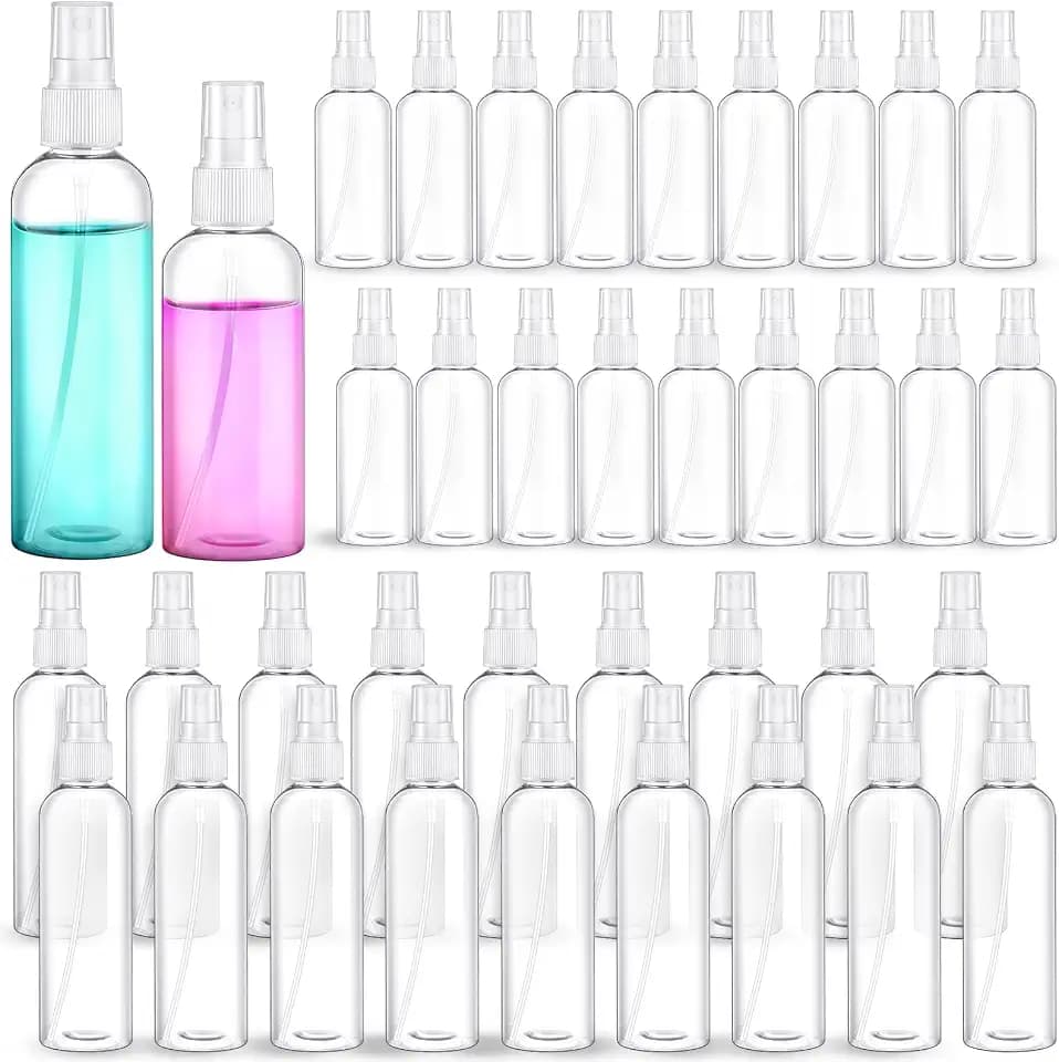 GlikCeil 36 Pcs Plastic Spray Bottle 4oz & 2oz White Small Clear Empty Fine Mist Mini Travel Spritz Bottle Set Little Refillable Spray Liquid Containers for Water Perfume Hair Mist Travel Makeup