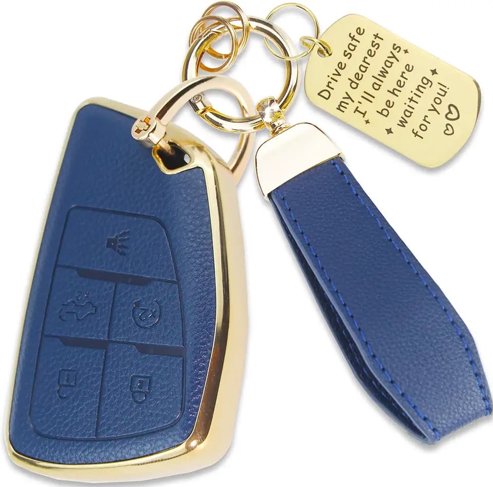Soft TPU & Leather Key Fob Cover Compatible with Chevy 5-Button