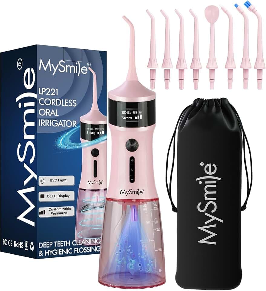 MySmile LP221 UVC Sterilisierbare schnurlose Wasserflosser für die Zähne, 335 ml, tragbares OLED-Display, Zahnseide mit 4 Modi, 8 Düsenspitzen und einer Aufbewahrungstasche für Zuhause und Reisen