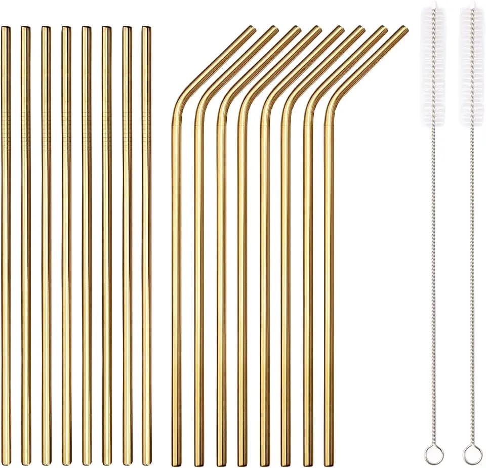 HOMQUEN 18-teilige Gold-Trinkhalme aus Edelstahl, wiederverwendbare 8,5-Zoll-Trinkhalme, mit Tragetasche, Geeignet für Wein und kalte Getränke (8 gerade / 8 gebogene / 2 Bürsten)