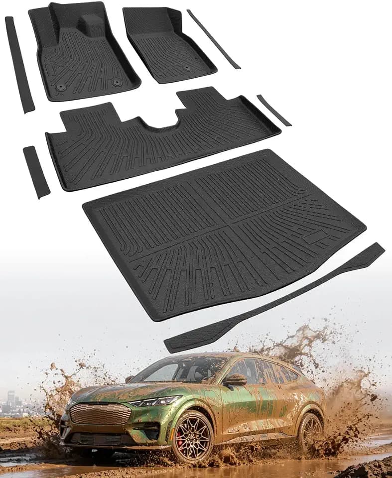 for Mustang Mach E Floor Mats & Cargo Liner 2021–2026, Custom Fit TPE Car Mats with Door Sill Protectors, 1st & 2nd Row Floor Liners + Trunk Mat for Mach-E Accessories, Heavy Duty Interior Set