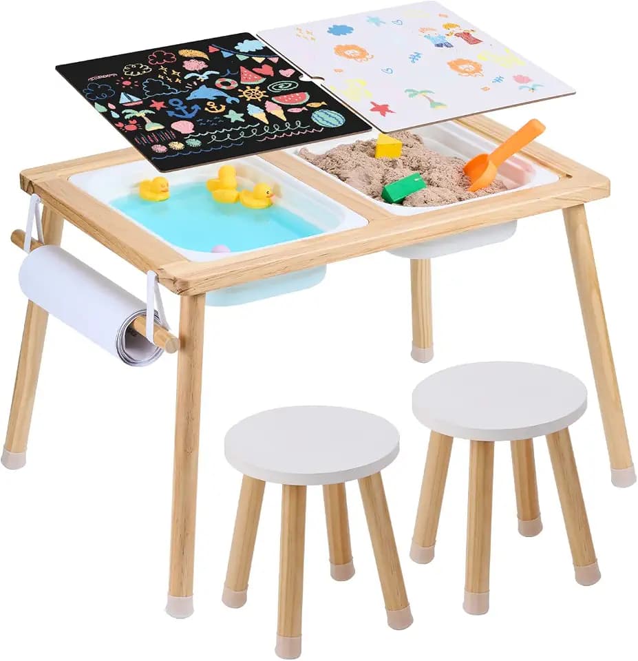 VEVOR Sensorisches Tischset Aktivitätstisch Kindersitzgruppe und Sand-und Wasserspieltisch mit 2 Hockern & 2 Aufbewahrungsbehältern & Papierrollenhalter, Kindertisch Holz – Geschenk für Kinder