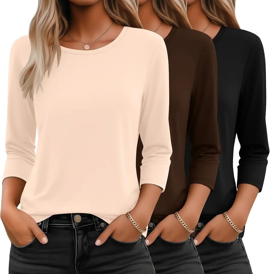 Ficerd 3 Pack 3/4 Sleeve Tops for Women Basics Crewneck T Shirts