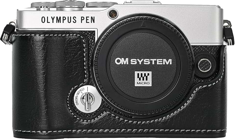 E-P7 Case, Handmade PU Leather Half Camera Case Bag Cover Bottom Opening Version for Olympus Pen E-P7 EP7 With Neck Strap Mini Storage Bag (Black)