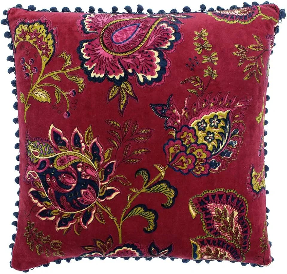 Riva Paoletti Malisa Platz Polyester Gefülltes Kissen Rot - Paisley Indische Druck - Faux-Samt-Gewebe - Blau Pompom Edges - Maschine Waschbar - 100 (20" X 20" Zoll), Baumwolle, Granatapfel, 50 X 50 Cm