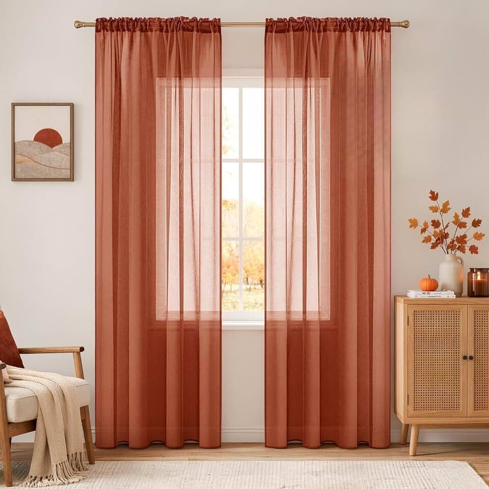 MIULEE Boho Fall Terracotta Linen Textured Sheer Curtains 54W×84L 2 Panels