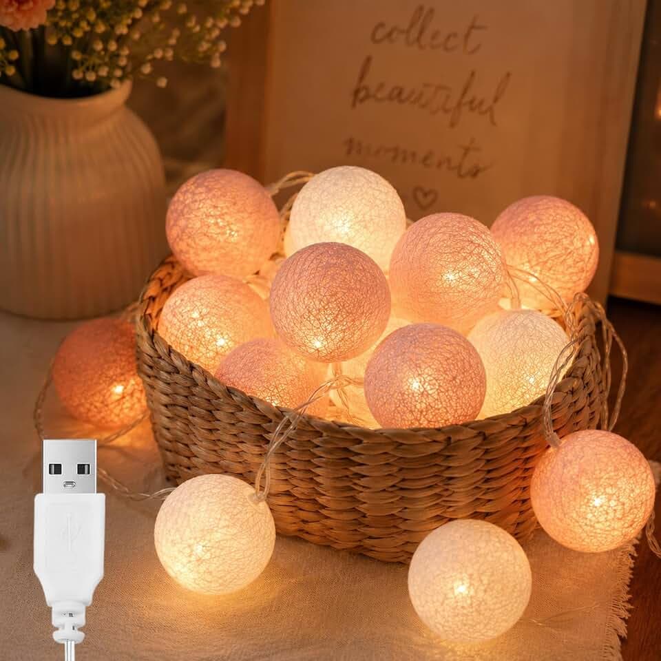 ALEGRE® 1,5M 10LED Baumwollkugeln Lichterkette Kugeln mit USB,4cm Cotton Ball Lichterkette Kinderzimmer Mädchen,Roségold Kugel Lichterketten Baumwollkugeln für Hochzeit,Zimmer,Schlafzimmer,Weihnachten