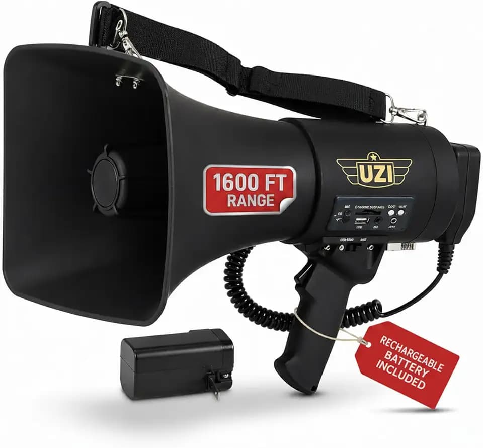 Uzi High Power Loud Big Bluetooth Megaphone 50W, Professional Bullhorn Megaphone Used by First Responders, Police & Agencies, Rechargeable Battery, PA System, Outdoor Activitie