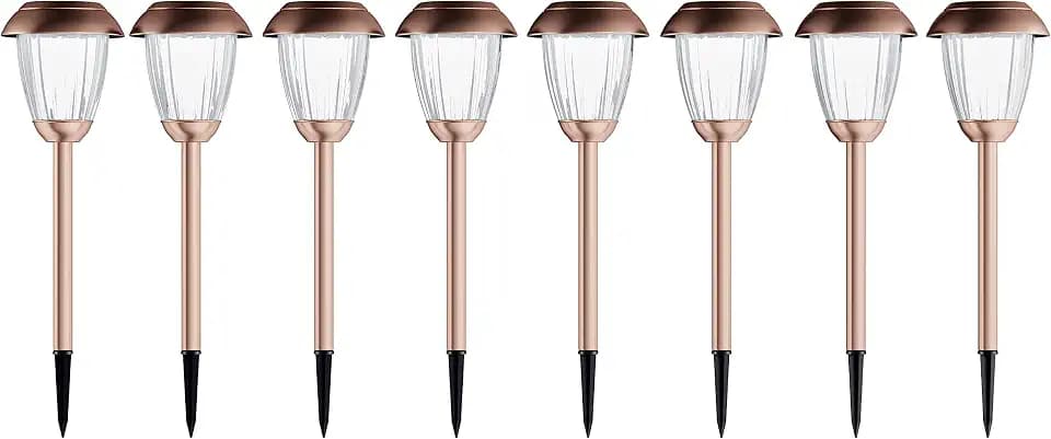 Solar-Powered Outdoor Lights - Set of 8 Stainless-Steel Stake Lights for Gardens, Walkways, Driveways, Landscapes, and Patios by Pure Garden (Copper)