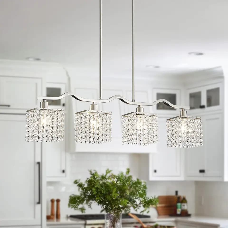 WUZUPS Crystal Chandelier 4-Light Linear Raindrop Pendant Ceiling Light Modern Lighting Fixture for Bedroom Dinning Room Bar Kitchen Island, H8.7'' W4.7'' L30.5, E12 Base, Nickel