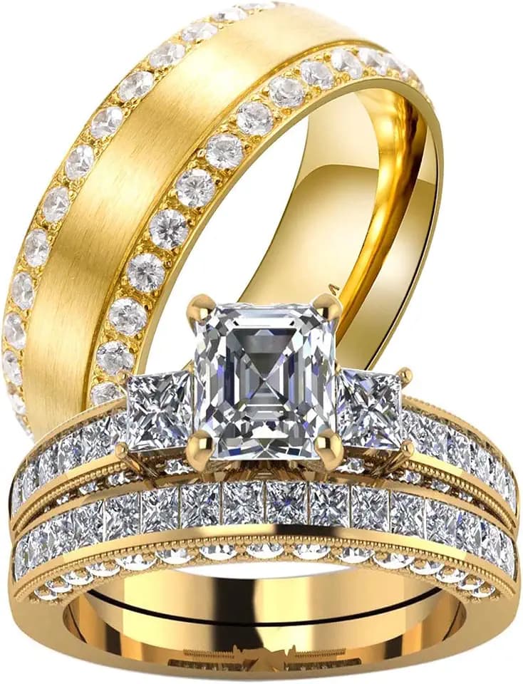 Two Rings His Hers Wedding Ring Sets Couples Matching Rings Women's 2pc Yellow Gold Plated Square CZ Wedding Engagement Ring Bridal Sets & Men's Titanium Wedding Band