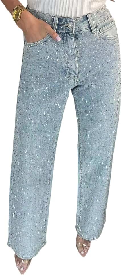 Jeans for Women Straight Leg High Waist Stretch Flare Denim Pants, Flared Jeans for Women Rhinestone Pockets, Sparkly Bling Glitter Denim Pants (Light Blue, M)