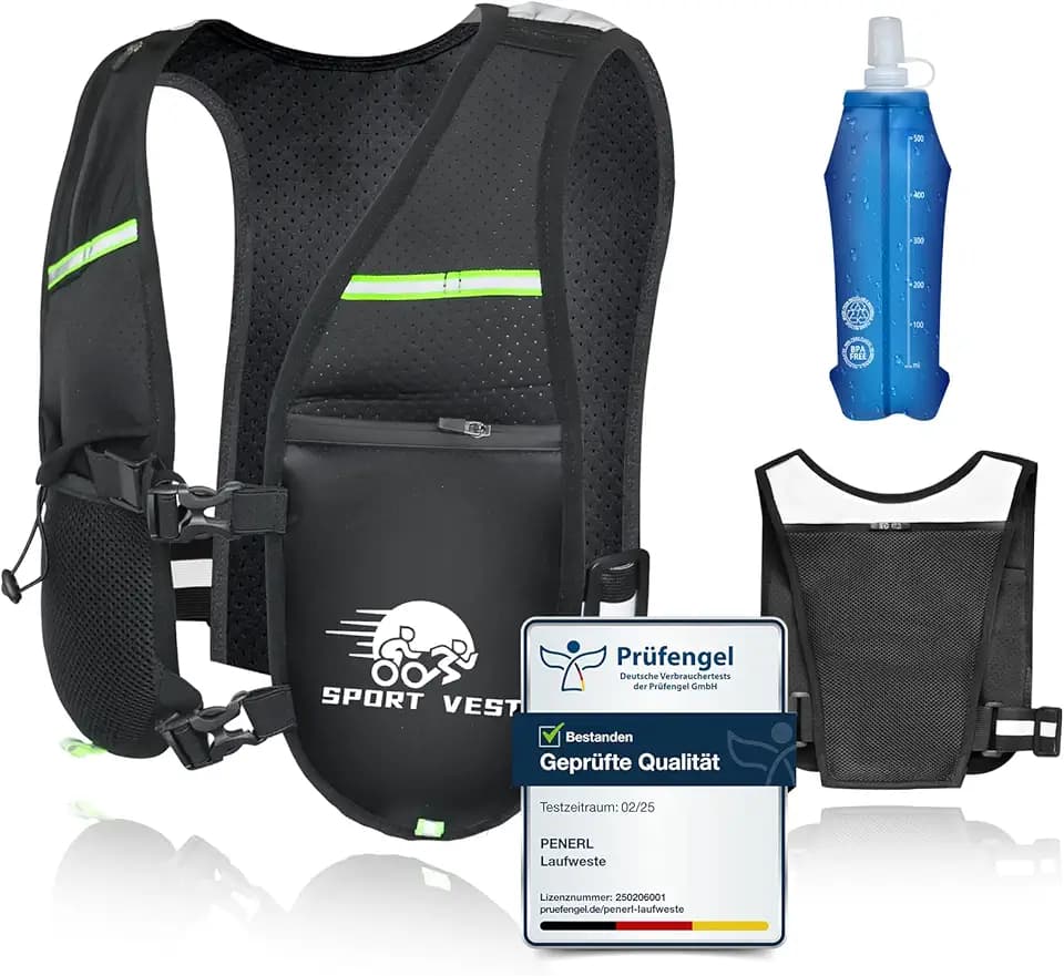 Laufweste Herren - Prüfengel Zertifiziert Leichte & Atmungsaktive Laufweste Damen mit 500ml Wasserflasche, Laufrucksack Herren mit Mehreren Taschen und Verstellbarem Riemen für Rennen
