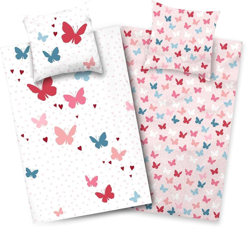 Aminata kids Bettwäsche 135x200 Schmetterlinge Mädchen 100% Baumwolle Schmetterling YKK Reißverschluss Kinder-Wende-Bettwäsche-Set weiß rosa