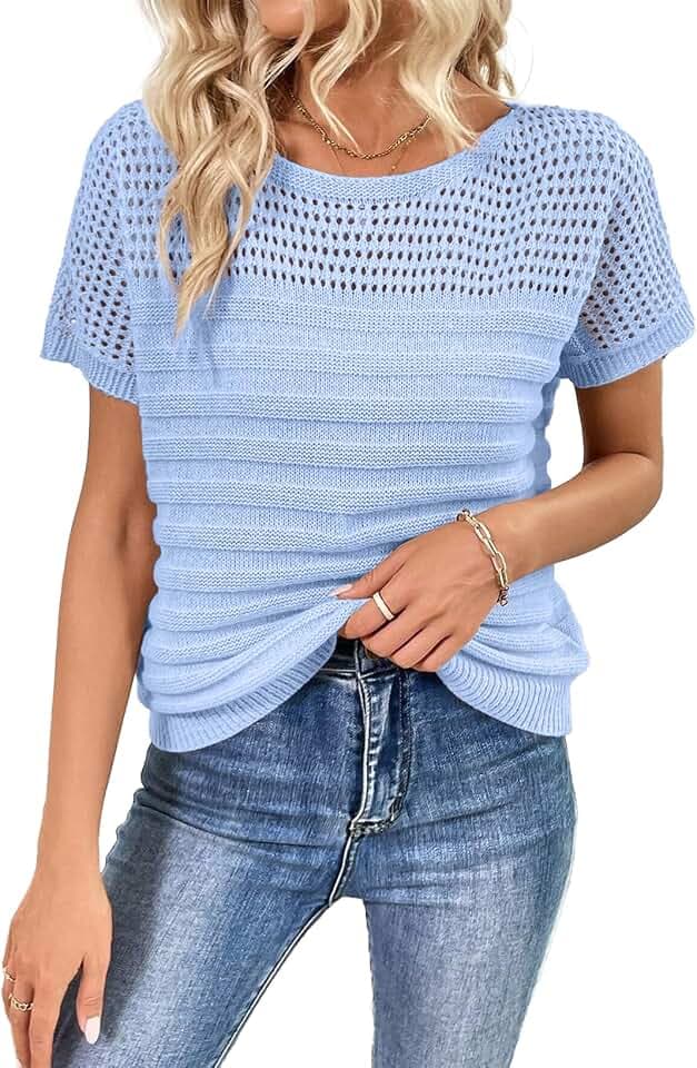 SHEWIN Womens Sweaters Crew Neck Short Sleeve Shirts Summer Tops Knit Hollow Out T Shirts Sweater Blouses