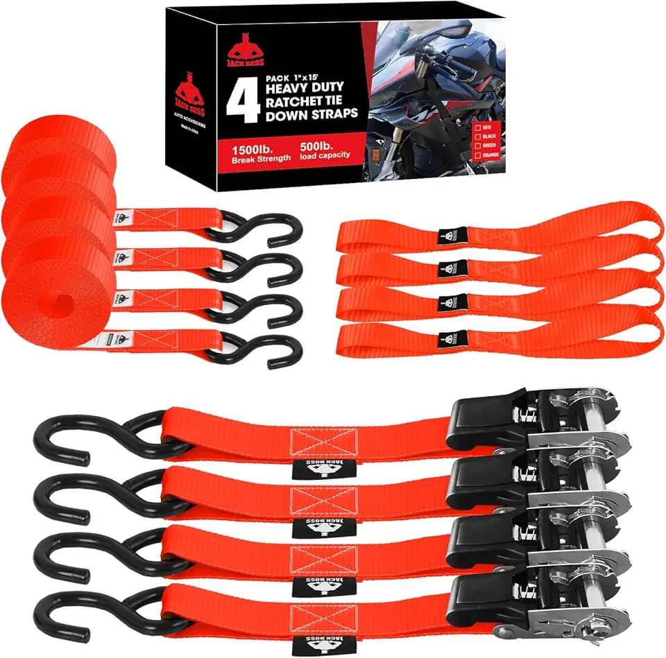 Jack Boss Ratchet Tie Down Straps Set, 1500 lbs Break Strength, 1" x 15' Heavy Duty Ratchet Straps with 4X Soft Loops Padded Handles Coated S Hook, Fits for Moving Appliances Motorcycle, Orange-Red
