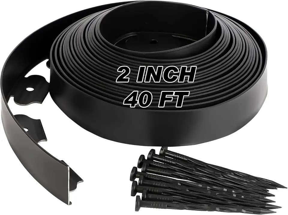 No Dig Landscape Edging 2 Inch x 40 FT, Heavy Duty Flexible Plastic Garden Border with 50 Spiral Spikes, Lawn Edging for Flower Beds, Walkways, Tree Rings, Mulch Beds and Landscaping, Black