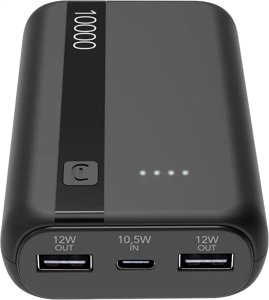 Cellularline - Power Bank 10000 - Kapazität: 10.000mAh - Input: 1xUSB-C 10.5W - Output: 1xUSB 12W - Zellen: Li-ion Battery - Helle LEDs Zeigen den Reststrom an - Schwarz