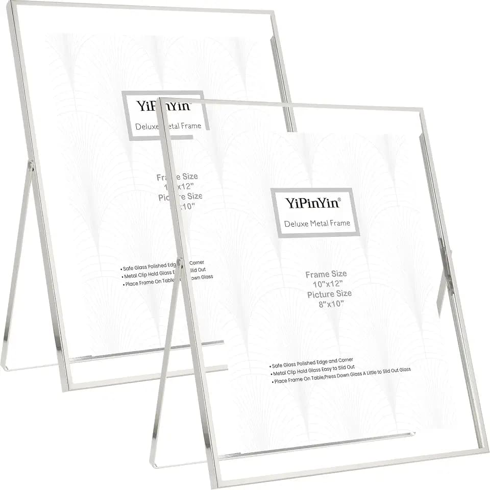 YiPinYin Silver 10x12'' Floating Frame Set of 2,For Photo Sizes(5x7'',7x9'',8x10'',8.5x11''),Metal Frames for Tabletop/Shelf Display,Classy Gift Choice for Wedding,Birthady,Home or Office Decor