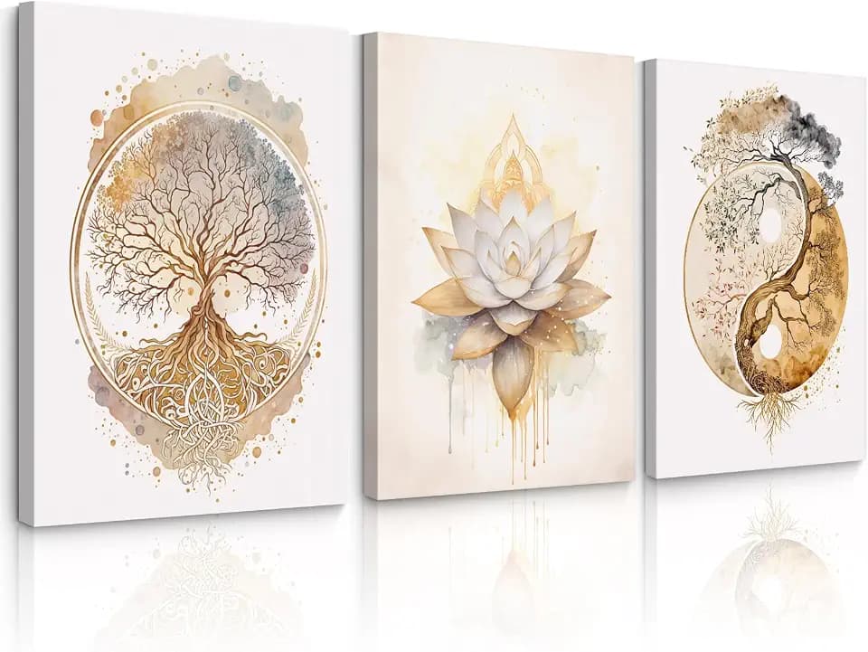 Tree of Life Wall Art Zen Lotus Canvas Wall Decor Yoga Spiritual Room Art Paintings Yin Yang Abstract Decor Artwork Spa Yoga Tree Pictures for Living Room Bedroom 16x24 Inch Wrapped Canvas Set of 3