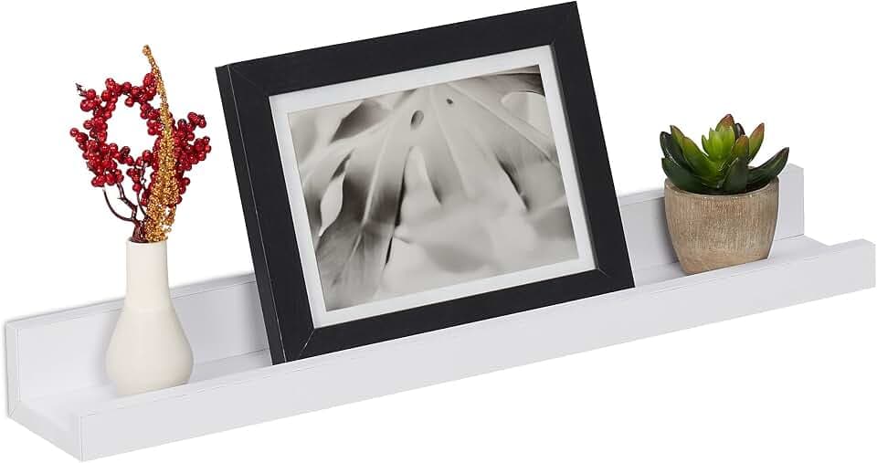 Relaxdays Bilderleiste, 48 cm breit, schmales Wandregal für Bilderrahmen, Bücher & Deko, MDF, Bilderregal Wand, weiß