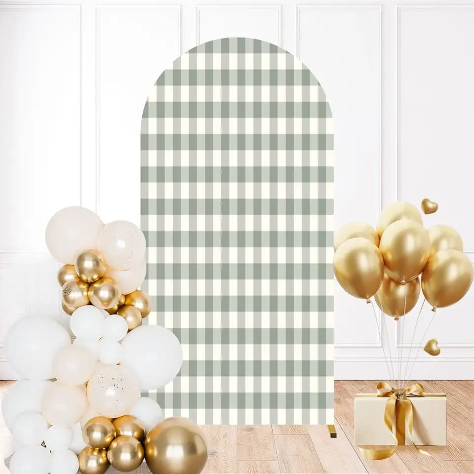 6FT Wedding Arch Backdrop Cover Seamless Checkered Light Sage Green Spandex Fitted Round Top Backdrop Stand Cover for Ceremony Banquet Birthday Party Decor