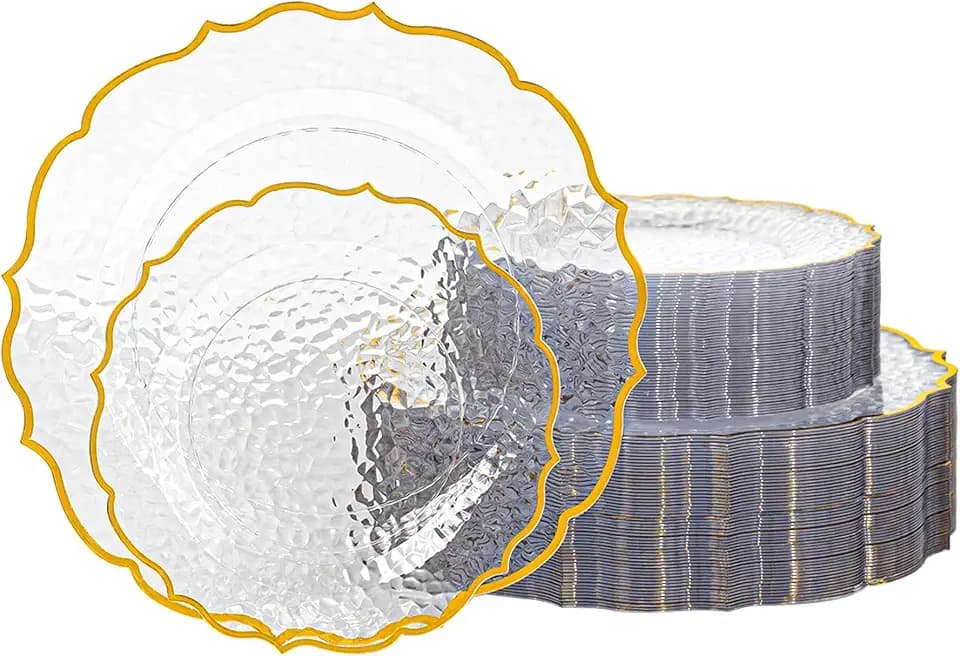 100 PCS Clear Stone Texture Plastic Plates with Gold Rim