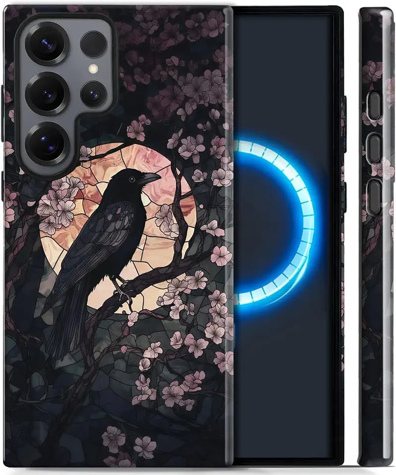 Case for Samsung Galaxy S24 Ultra Magnetic Case [Compatible with MagSafe],Double-Layer Soft TPU and Hard PC Shockproof Scratch-Resistant, Suitable for Men, Women -Midnight Crow Cherry Blossom