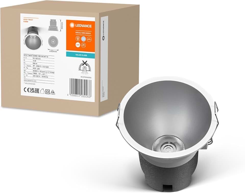 LEDVANCE SPOT TWIST Einbau-Downlight, silber, 10W, 800lm, 830 WT, 93mm Durchmesser, warmweiße Lichtfarbe, bis zu 90% Energieersparnis im Vergleich zu Halogen-Downlights, einfache Montage, 3000K