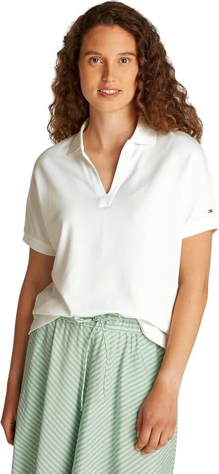 Tommy Hilfiger Damen Poloshirt Kurzarm Lyocell Relaxed ohne Knopfleiste