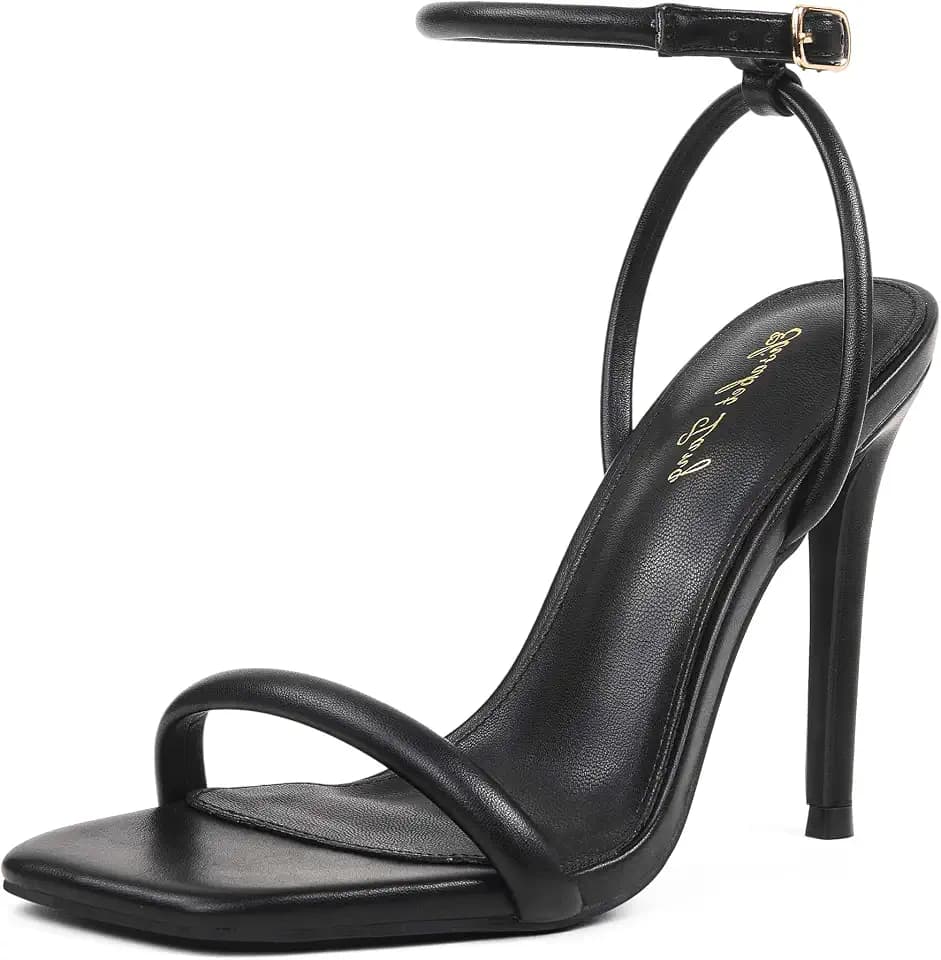 Elisabet Tang Women’s Stilettos Heeled Sandals Open Square Toe Heels,4 Inch Open Toe Strappy Sexy High Heels Ankle Strap Buckle Heels for Party Wedding Dress Daily Wear Shoes