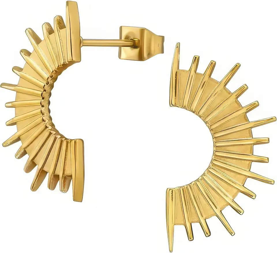 Gold-Plated Stainless Steel Crescent Sunburst Stud Earrings