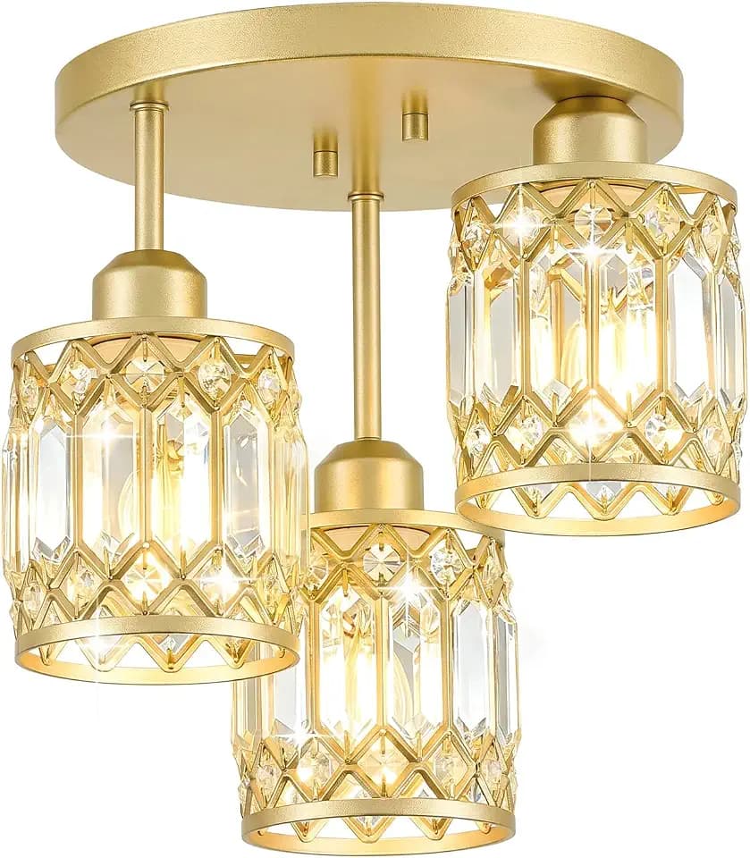 Gold Crystal Ceiling Light Fixture, 3-Light, E26