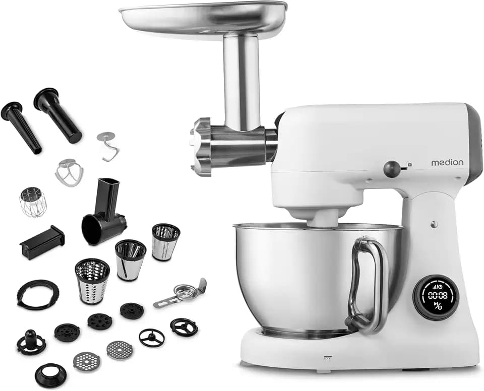 MEDION Küchenmaschine (Fleischwolf, 4,6 Liter Edelstahlschüssel, leiser Gleichstrommotor, 800 Watt, Reiben Raspeln Schneiden, Digitales Sensor Touch Display, Knetmaschine, Teigmaschine, MD12600) weiß