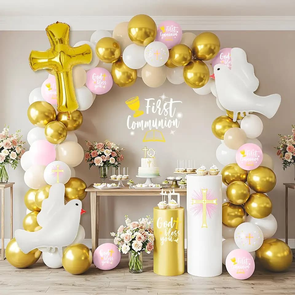169 Pcs First Communion Decorations Balloons Kit Baptism Party Decorations Pink Metallic Gold Balloons Arch Kit First Holy Communion Decor for God Bless Christening Birthday Theme Party Supplies