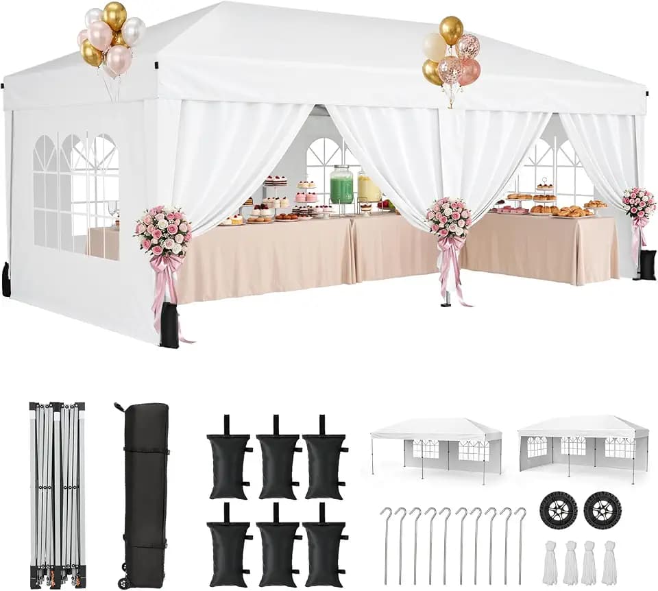 10x20 Pop Up Canopy Tent with 6 Sidewalls, One-Push Center Lock, White