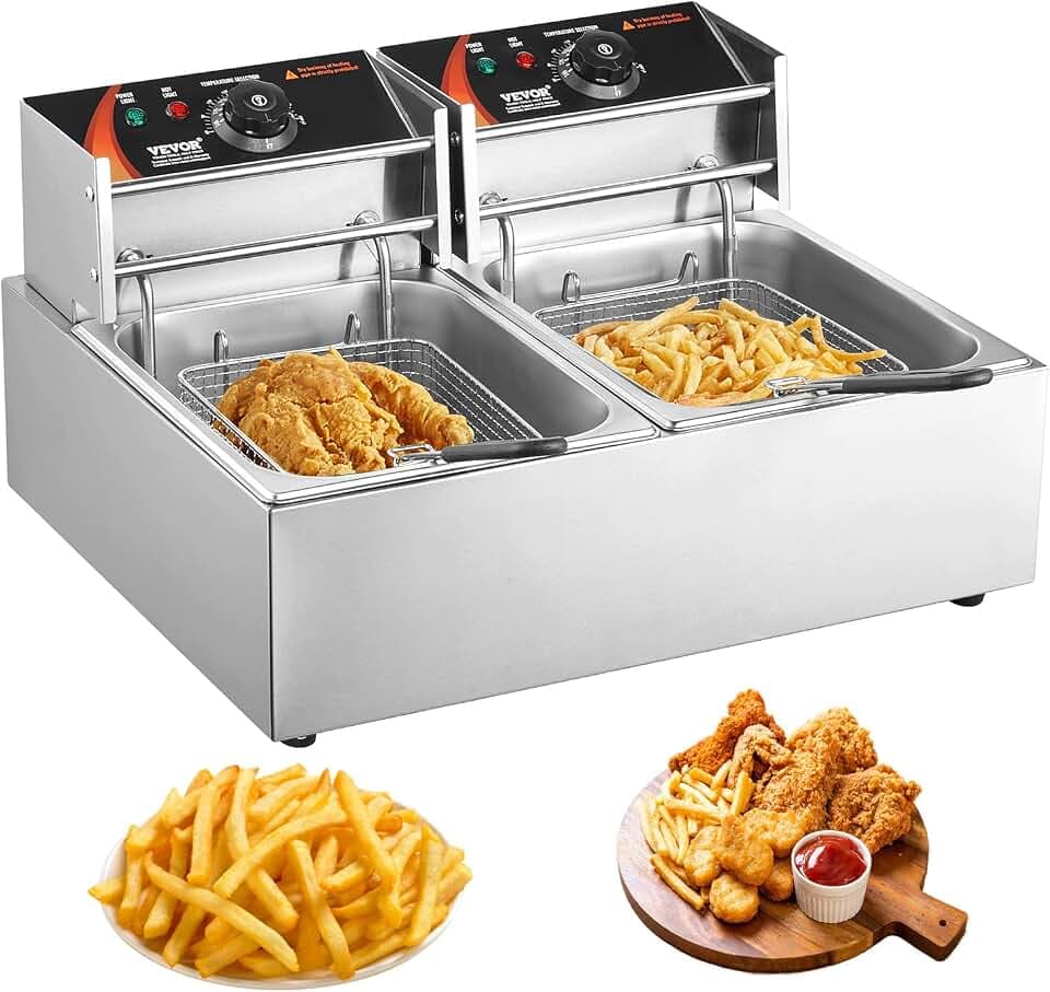 VEVOR Kommerzielle elektrische Fritteuse, 2 x 6 L große elektrische Fritteuse für die Arbeitsplatte mit herausnehmbarem Doppelkorb, 5000 W Doppelfritteuse aus Edelstahl für Küche, Restaurant