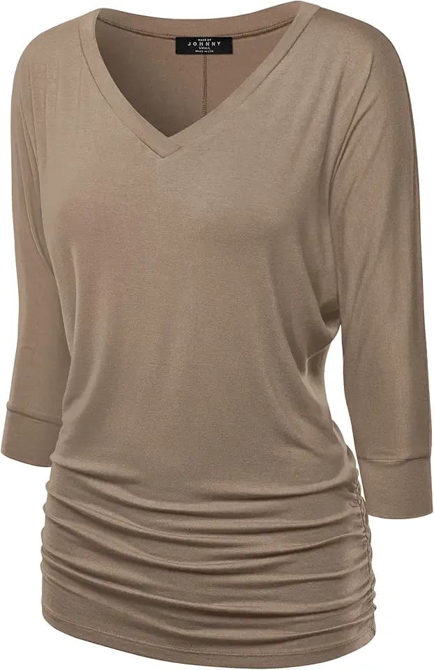 Made By Johnny Women's Casual Boat Neck and V-Neck 3/4 Sleeve Draped Dolman Top with Side Shirring Premium Shirt