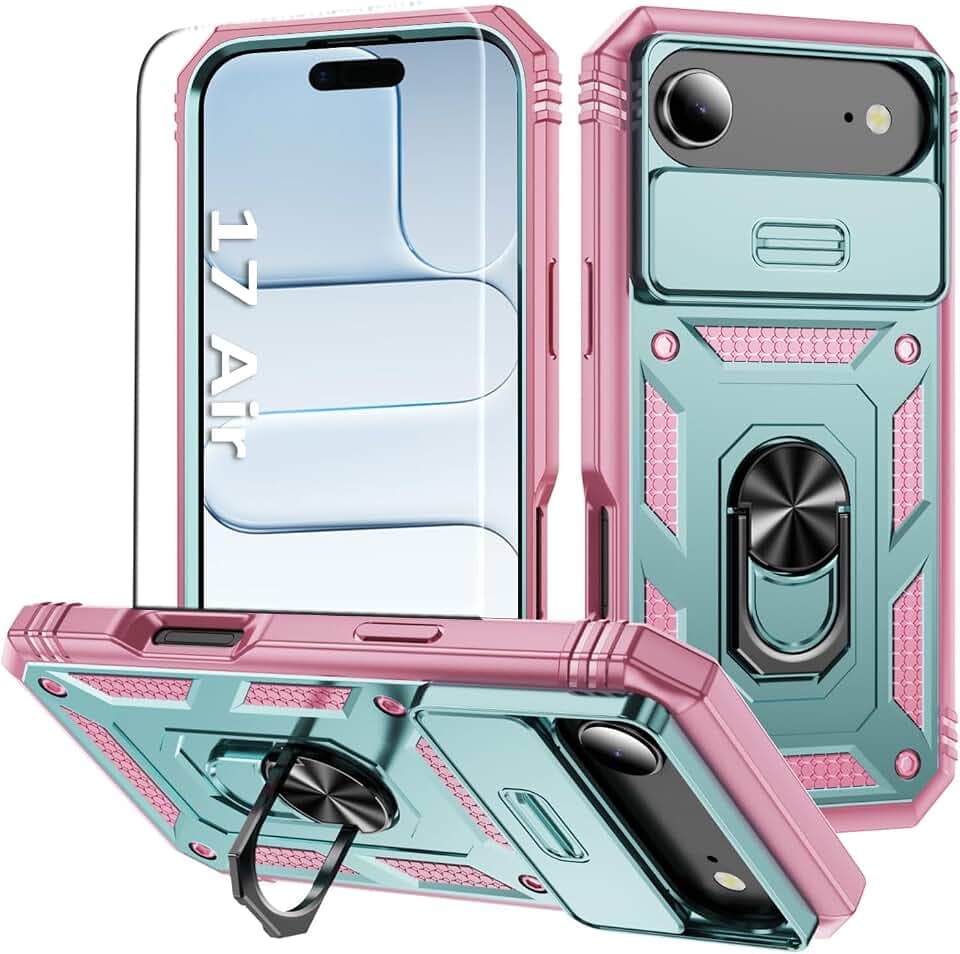 Compatible with 17 Air Case for Women Girls, with HD Screen Protector & Slide Camera Cover & Stand Heavy-Duty Dual-Layer Military-Grade Drop Protection, for iPhone 17Air (Green+Pink)