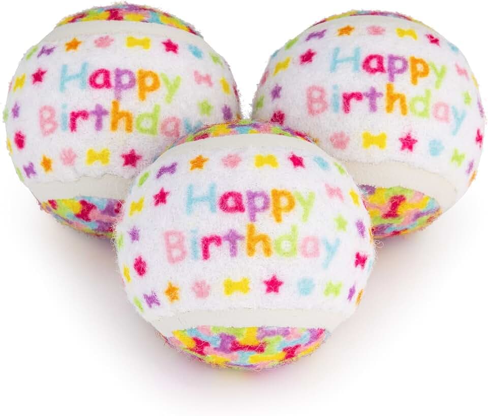 Pet London Happy Birthday Bunter Hunde-Tennisball mit Trio-Quietsch-Innen, Set mit 3 Hundebällen für interaktives Quietschen und Apportieren, Feiern Sie den Geburtstag oder Anlass des Hundes –