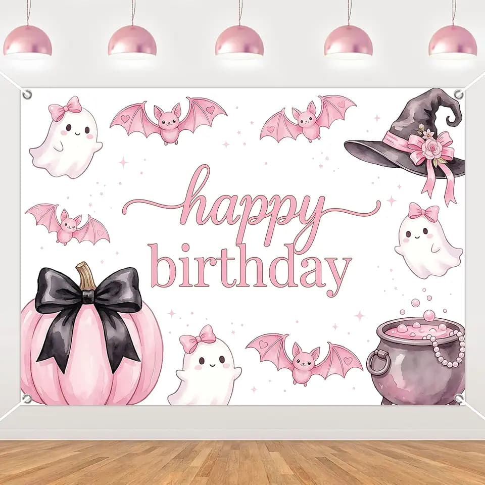 Pink Halloween Birthday Backdrop 7 * 5ft Ghost Bow Theme Happy Birthday Banner for Women Party Decoration Spooky Cute Photo Background Dessert Table Wall Decor Celebration Setup
