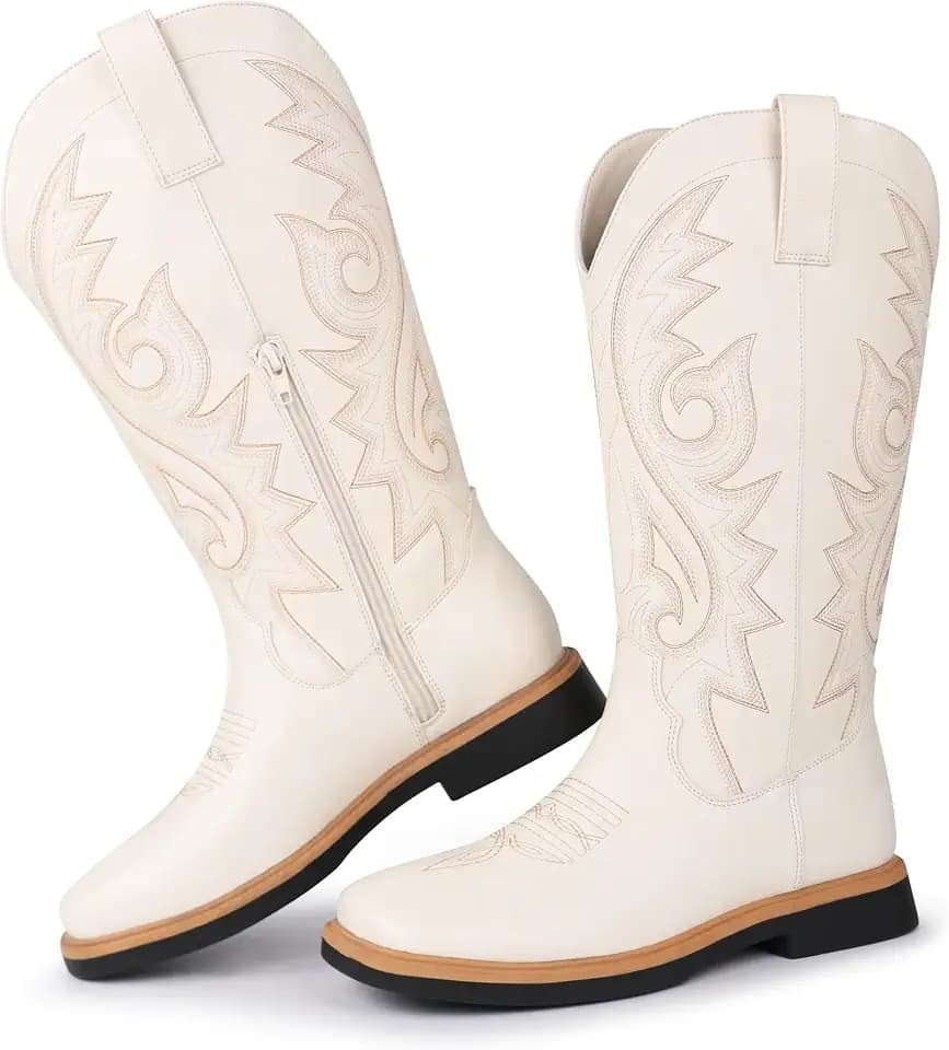 Hawkwell Women's Cowboy Cowgirl Boots Square Toe Side Zipper Embroidered Low Heel Dress Western Mid Calf Boot