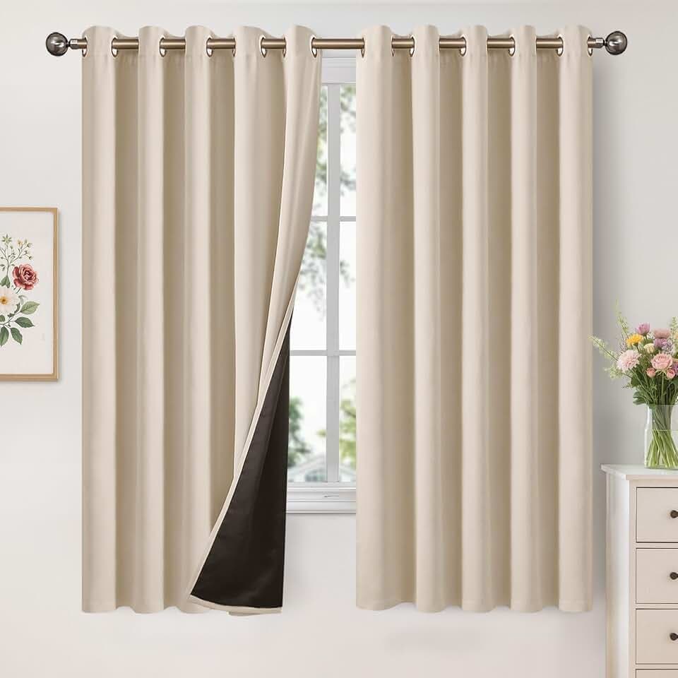 YoungsTex 100% Blackout Curtains for Bedroom, Thermal Insulated Black Out Drapes with Grommet Full Room Darkening with Double Layer for Living Room, Champagne, 2 Panels, 60 X 63 Inch