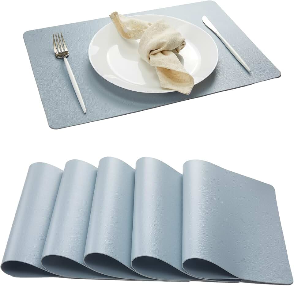 DOLOPL Dusty Blue Placemats Set of 6, Wipeable Faux Leather Place Mats