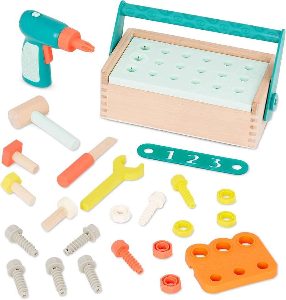 B. toys Pretend Play Tool Box, Fix 'n' Play Kit, Wooden 25-Piece, Wood Toys
