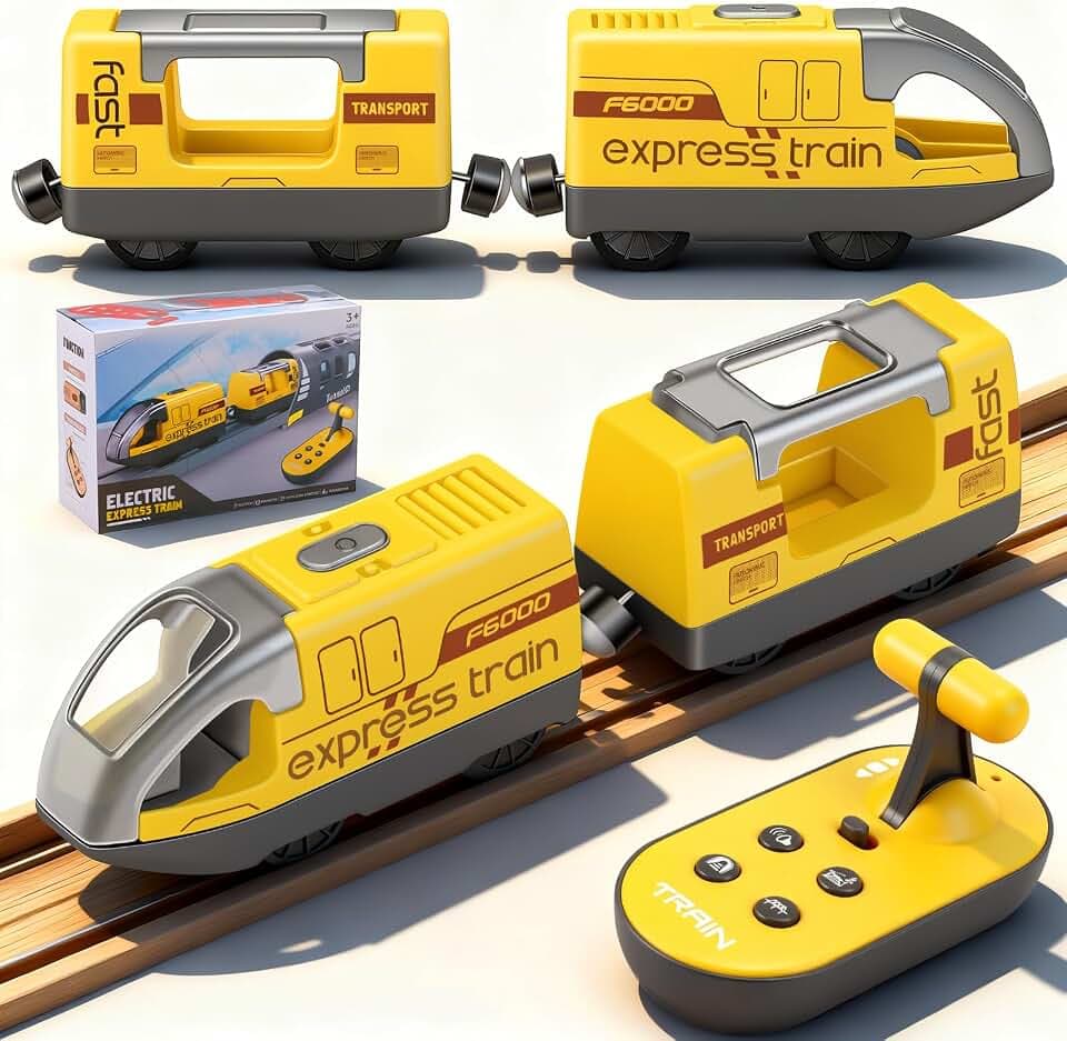 Eisenbahn Kinder Elektrisch, Batteriebetriebene Holzeisenbahn Elektrische Lok Kompatibel mit Brio Eisenbahn, Zug Spielzeug, Holzeisenbahn Zug Kinder für Brio Thomas Holz Weihnachten（Gelb）