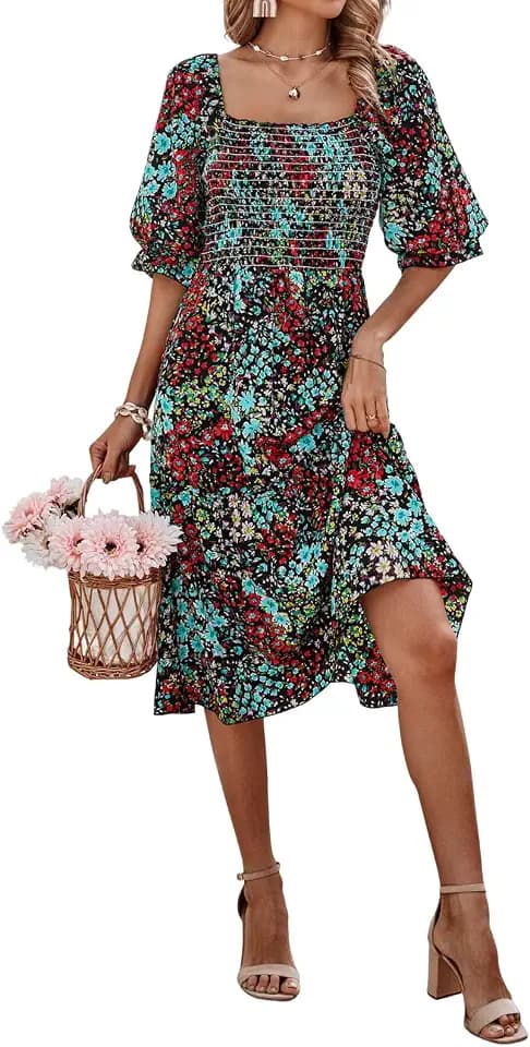 PRETTYGARDEN Women's Summer Casual Dresses 2026 Spring Puff Sleeve Square Neck A Line Flowy Boho Floral Smocked Midi Dress