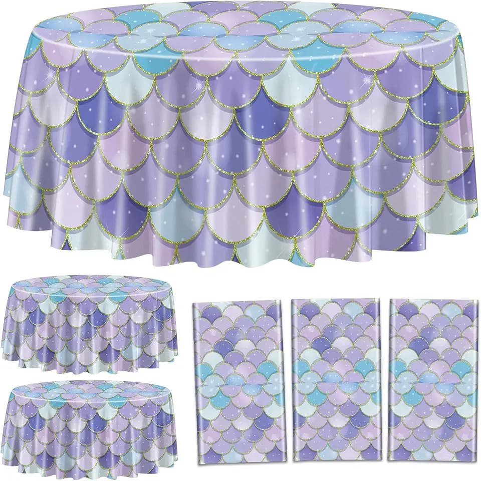 3 Pcs Mermaid Tablecloths, Round Ocean Sea Fish Scales Table Cloths for Girls Under The Sea Baby Shower Party Supplies, 84 x 84 Inch