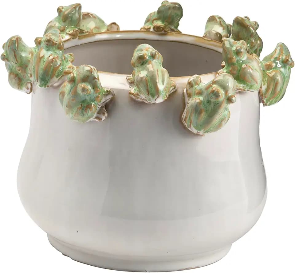 Creative Co-Op Decorative Stoneware Planter with Frog Figurine Rim, White and Green