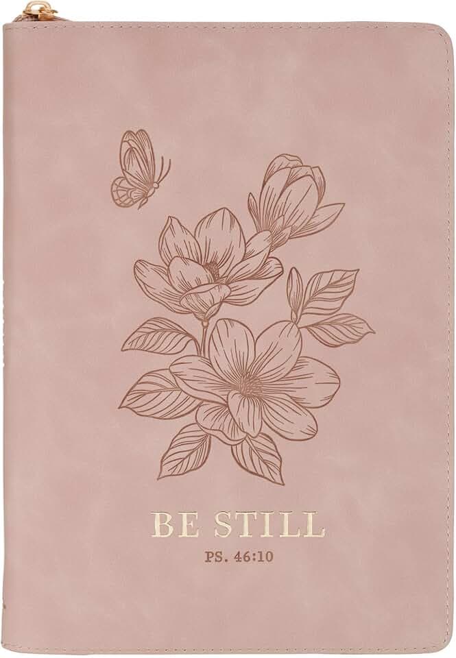 Christian Art Gifts Inspirational Zippered Journal, Be Still Wide Ruled Notebook, Psalm 46:10 Bible Verse, Pink Vegan Leather, 336 Lined Pages w/scripture, (9” x 6.4” x .9”)